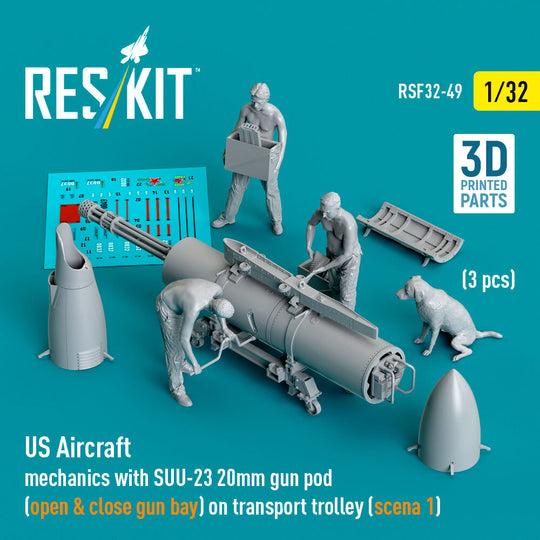 US Aircraft mechanics with SUU-23 20mm gun pod (open & close gun bay) on transport trolley (scene 1) (3 pcs) (3D Printed)