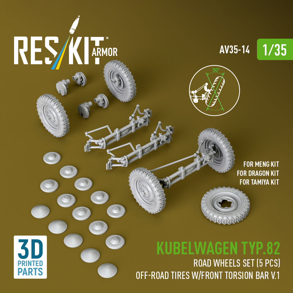 Kubelwagen typ.82 road wheels set (5 pcs) off-road tires w/front torsion bar V.1 (3D Printed) for Meng / Dragon / Tamiya