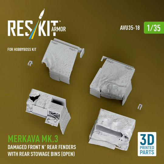 Merkava Mk.3 Damaged Front n' Rear fenders with Rear stowage bins (open) (3D Printed) for Hobby Boss