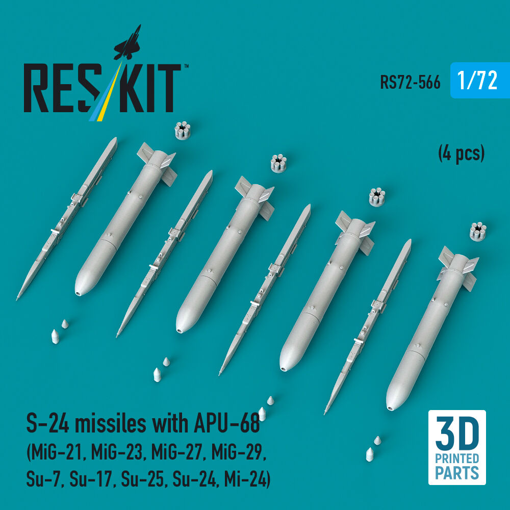 S-24 missiles with APU-68 (4 pcs) (MiG-21, MiG-23, MiG-27, MiG-29, Su-7, Su-17, Su-25, Su-24, Mi-24) (3D Printed)