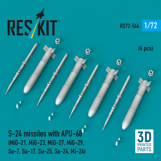 S-24 missiles with APU-68 (4 pcs) (MiG-21, MiG-23, MiG-27, MiG-29, Su-7, Su-17, Su-25, Su-24, Mi-24) (3D Printed)