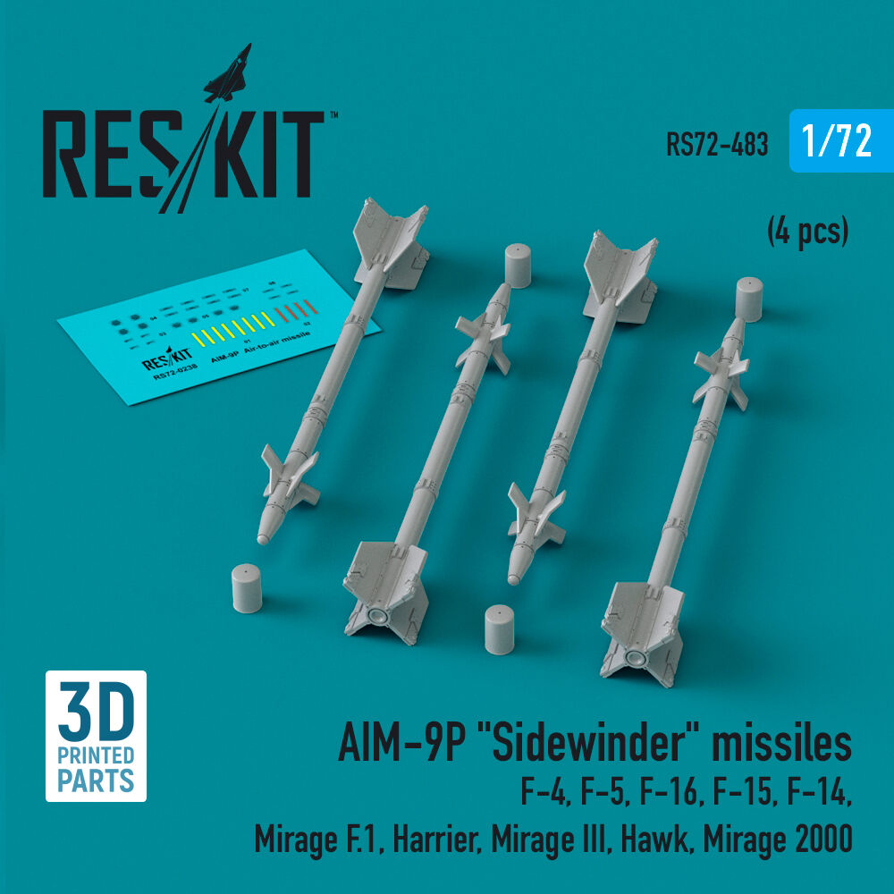 AIM-9P Sidewinder missiles (4 pcs) (F-4, F-5, F-16, F-15, F-14, Mirage F.1, Harrier, Mirage III, Hawk, Mirage 2000) (3D Printed)