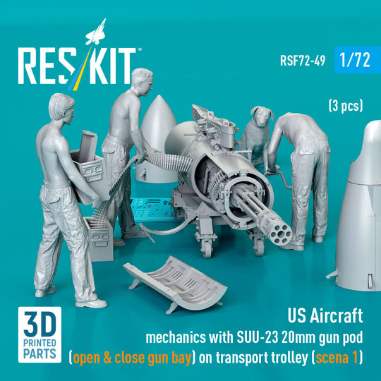 US Aircraft mechanics with SUU-23 20mm gun pod (open & close gun bay) on transport trolley (scene 1) (3 pcs) (3D Printed)