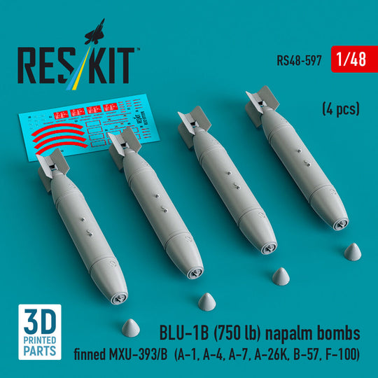 BLU-1B (750 lb) napalm bombs finned MXU-393/B (4 pcs) (A-1, A-4, A-7, A-26K, B-57, F-100) (3D Printed)