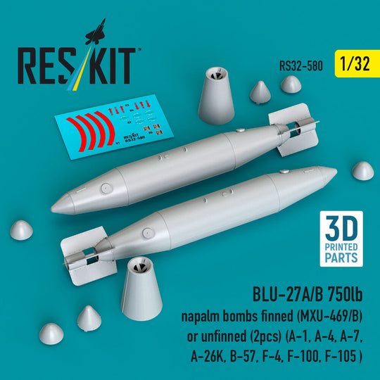 BLU-27A/B 750lb napalm bombs finned (MXU-469/B) or unfinned (2 pcs) (A-1, A-4, A-7, A-26K, B-57, F-4, F-100, F-105 ) (3D Printed)