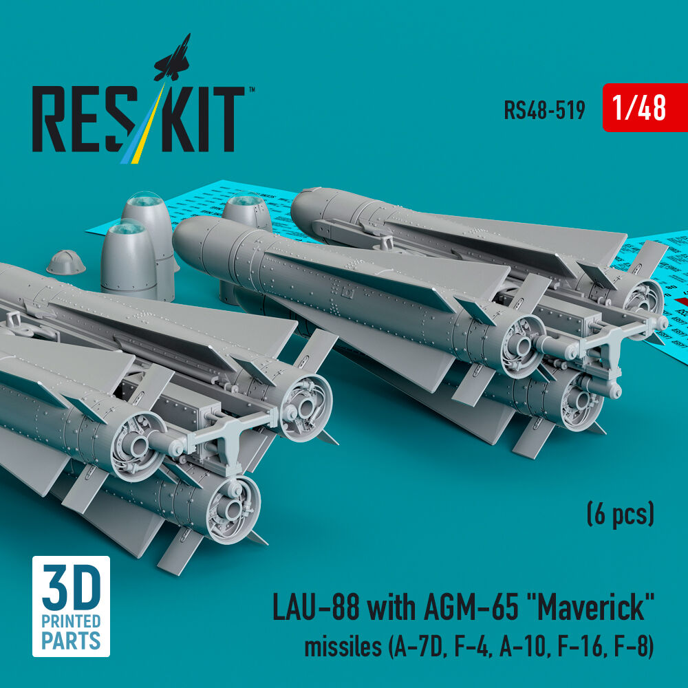 LAU-88 with (2 pcs) AGM-65 Maverick missiles (6 pcs) (A-7D, F-4, A-10, F-16) (3D Printed)