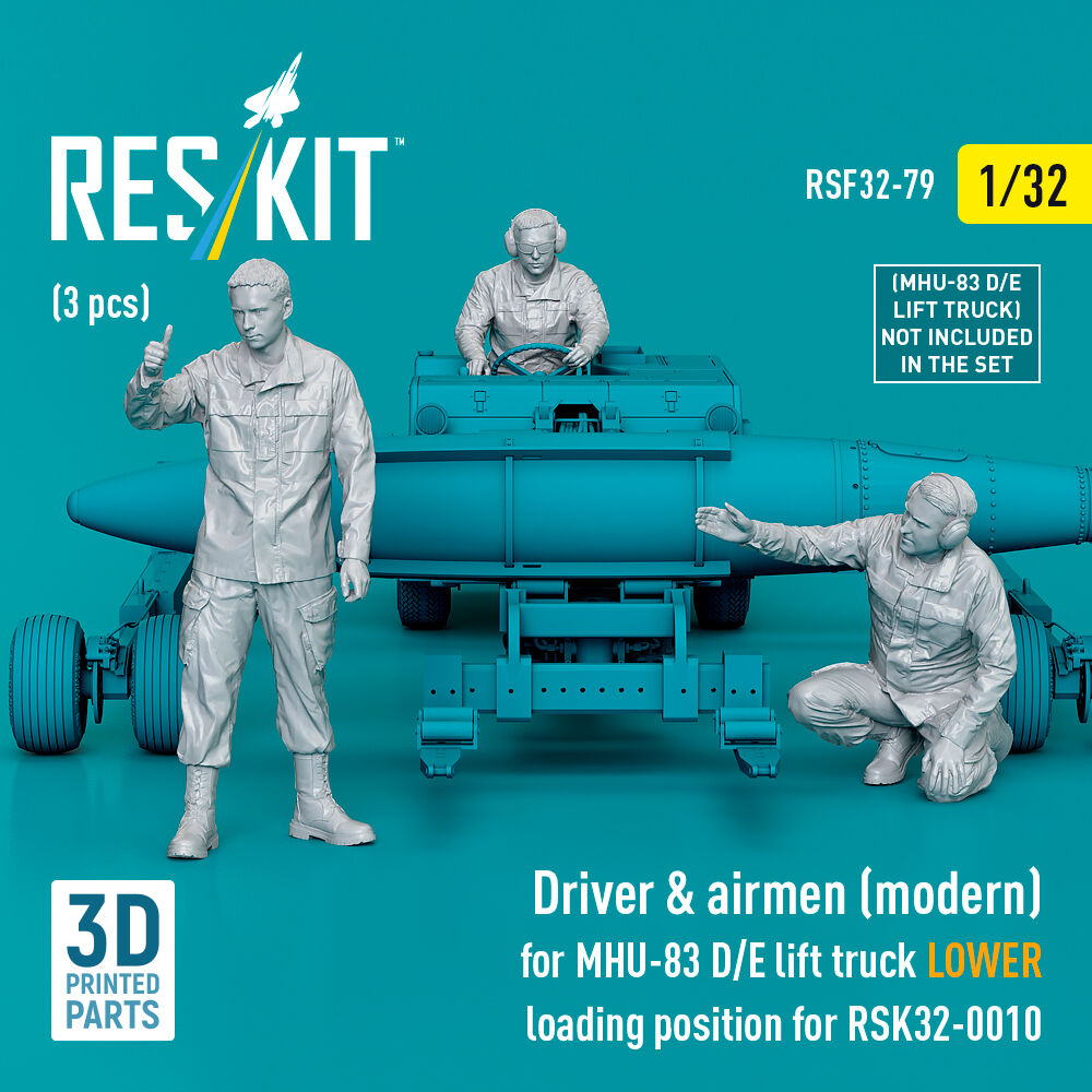 Driver & airmen (modern) (3 pcs) (MHU-83 D/E lift truck LOWER loading position for RSK32-0010) (3D Printed)