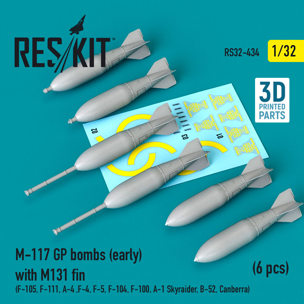 M-117 GP bombs (early) with M131 fin (6 pcs) (F-105, F-111, A-4 ,F-4, F-5, F-104, F-100, A-1 Skyraider, B-52, Canberra) (3D Printed)