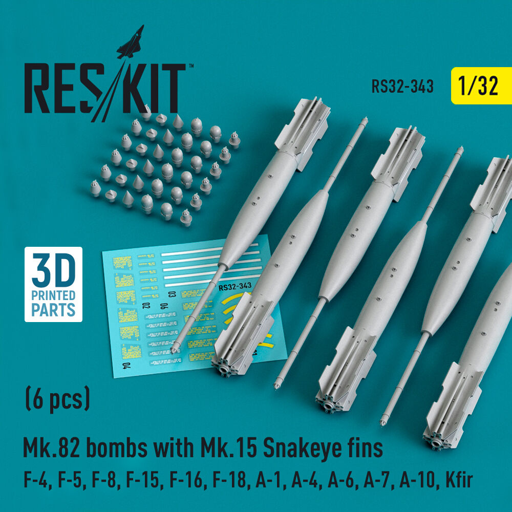 Mk.82 bombs with Mk.15 Snakeye fins (6 pcs) (F-4, F-5, F-8, F-15, F-16, F-18, A-1, A-4, A-6, A-7, A-10, Kfir) (3D Printed)