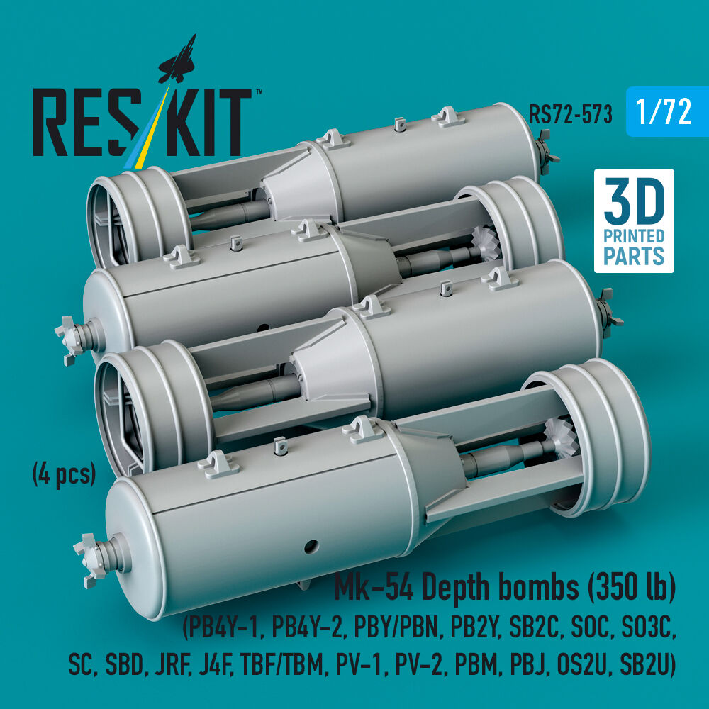 Mk-54 Depth bombs (350 lb) (4 pcs) (PB4Y-1, PB4Y-2, PBY/PBN, PB2Y, SB2C, SOC, SO3C, SC, SBD, JRF, J4F, TBF/TBM, PV-1, PV-2, PBM, PBJ, OS2U, SB2U) (3D Printed)