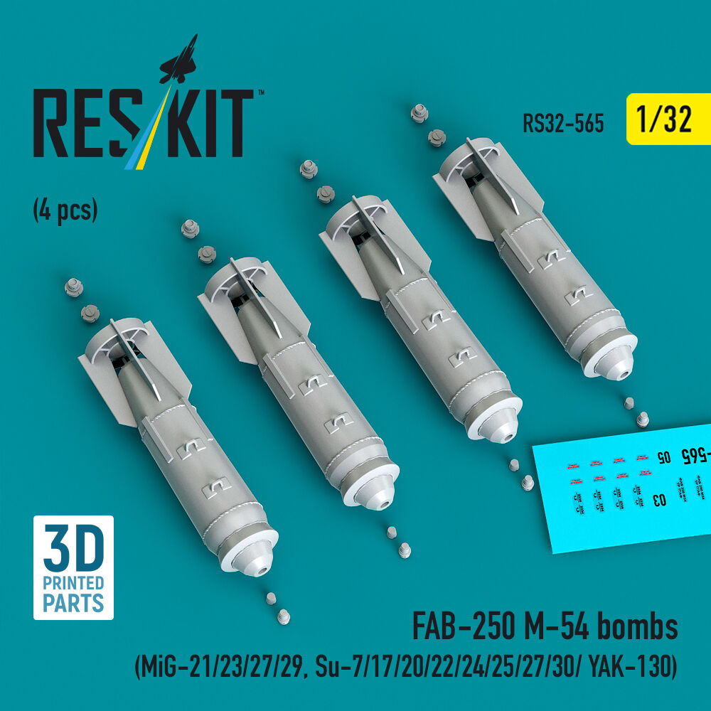 FAB-250 ?-54 bombs (4 pcs) (MiG-21/23/27/29, Su-7/17/20/22/24/25/27/30/ YAK-130) (3D Printed)