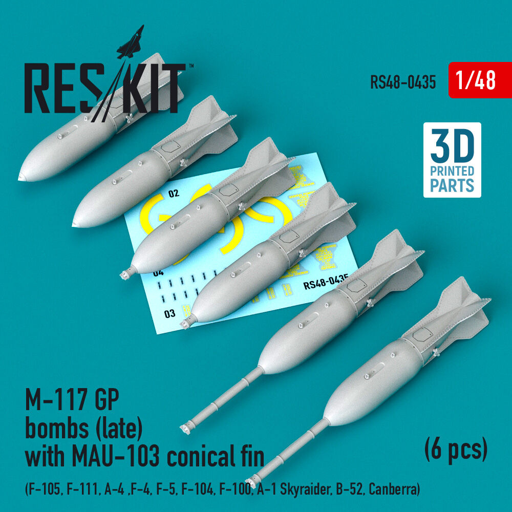 M-117 GP bombs (late) with MAU-103 conical fin (6 pcs) (F-105, F-111, A-4 ,F-4, F-5, F-104, F-100, A-1 Skyraider, B-52, Canberra) (3D Printed)