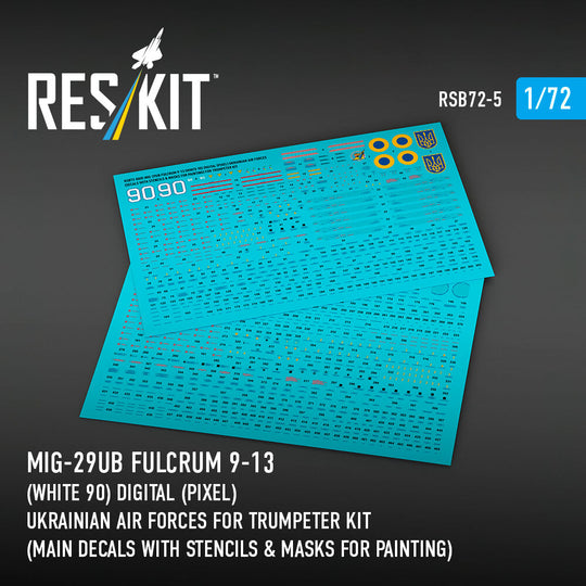 MiG-29UB Fulcrum 9-13 (White 90) Digital (Pixel) Ukrainian Air Forces for Trumpeter kit (Main Decals with Stencils & Masks for painting)