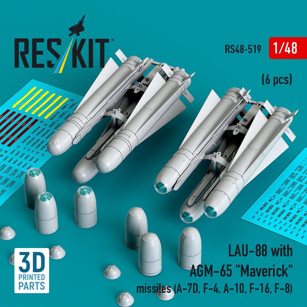 LAU-88 with (2 pcs) AGM-65 Maverick missiles (6 pcs) (A-7D, F-4, A-10, F-16) (3D Printed)