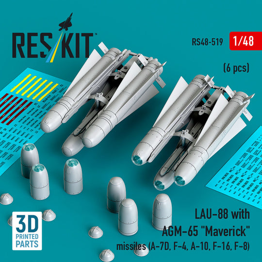 LAU-88 with (2 pcs) AGM-65 Maverick missiles (6 pcs) (A-7D, F-4, A-10, F-16) (3D Printed)
