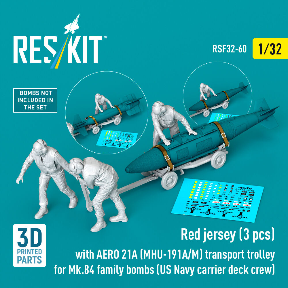 Red jerseys (3 pcs) with AERO 21A (MHU-191A/M) transport trolley for Mk.84 family bombs (US Navy carrier deck crew) (3D Printed)