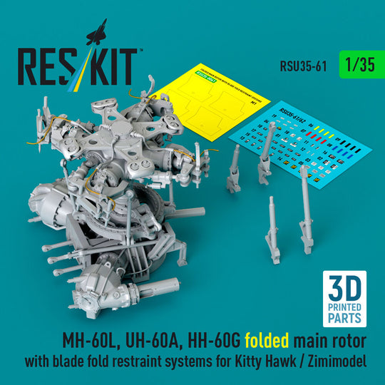 MH-60L, UH-60A, HH-60G folded main rotor with blade fold restraint systems for Kitty Hawk / Zimimodel (3D Printed)