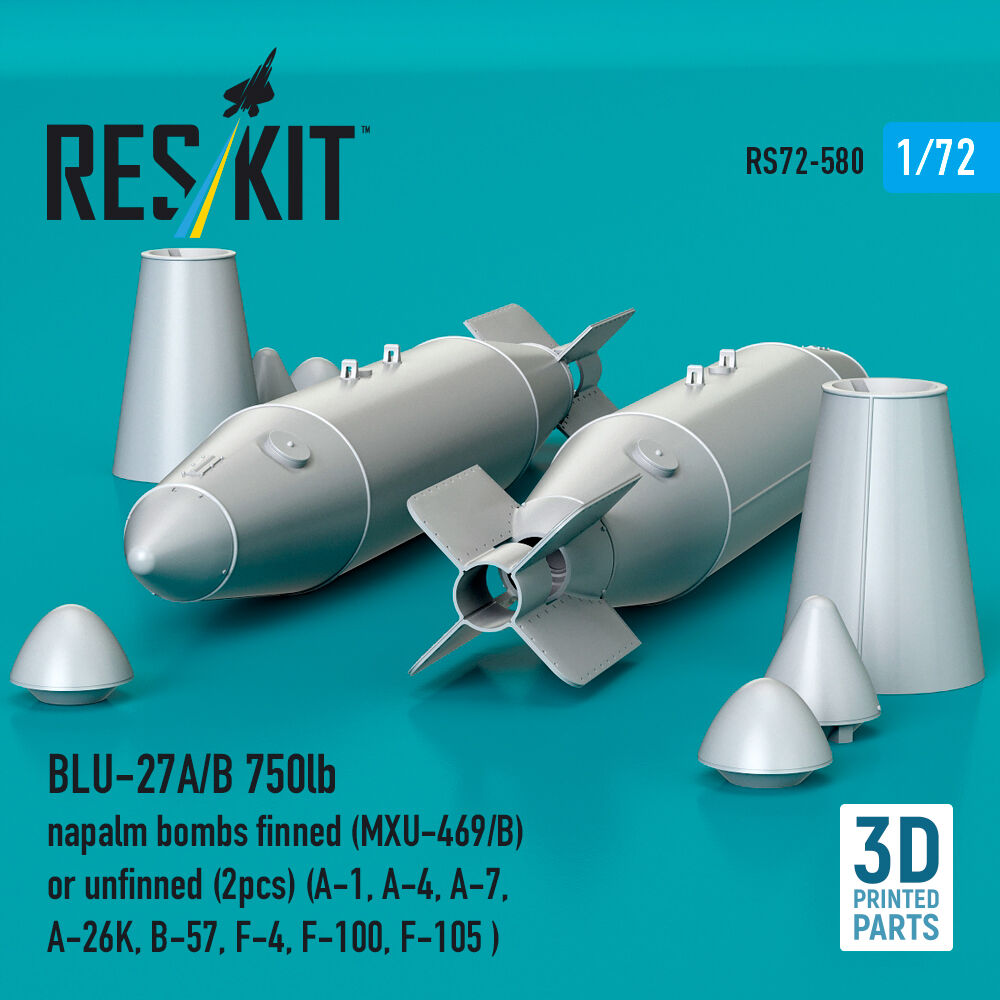 BLU-27A/B 750lb napalm bombs finned (MXU-469/B) or unfinned (2pcs) (A-1, A-4, A-7, A-26K, B-57, F-4, F-100, F-105 ) (3D Printed)