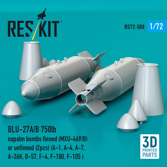 BLU-27A/B 750lb napalm bombs finned (MXU-469/B) or unfinned (2pcs) (A-1, A-4, A-7, A-26K, B-57, F-4, F-100, F-105 ) (3D Printed)