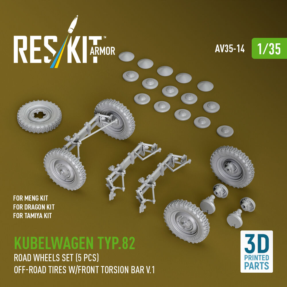 Kubelwagen typ.82 road wheels set (5 pcs) off-road tires w/front torsion bar V.1 (3D Printed) for Meng / Dragon / Tamiya