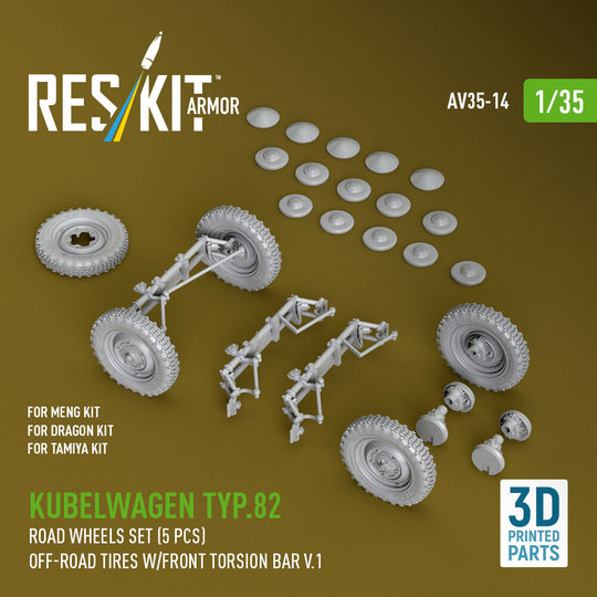 Kubelwagen typ.82 road wheels set (5 pcs) off-road tires w/front torsion bar V.1 (3D Printed) for Meng / Dragon / Tamiya