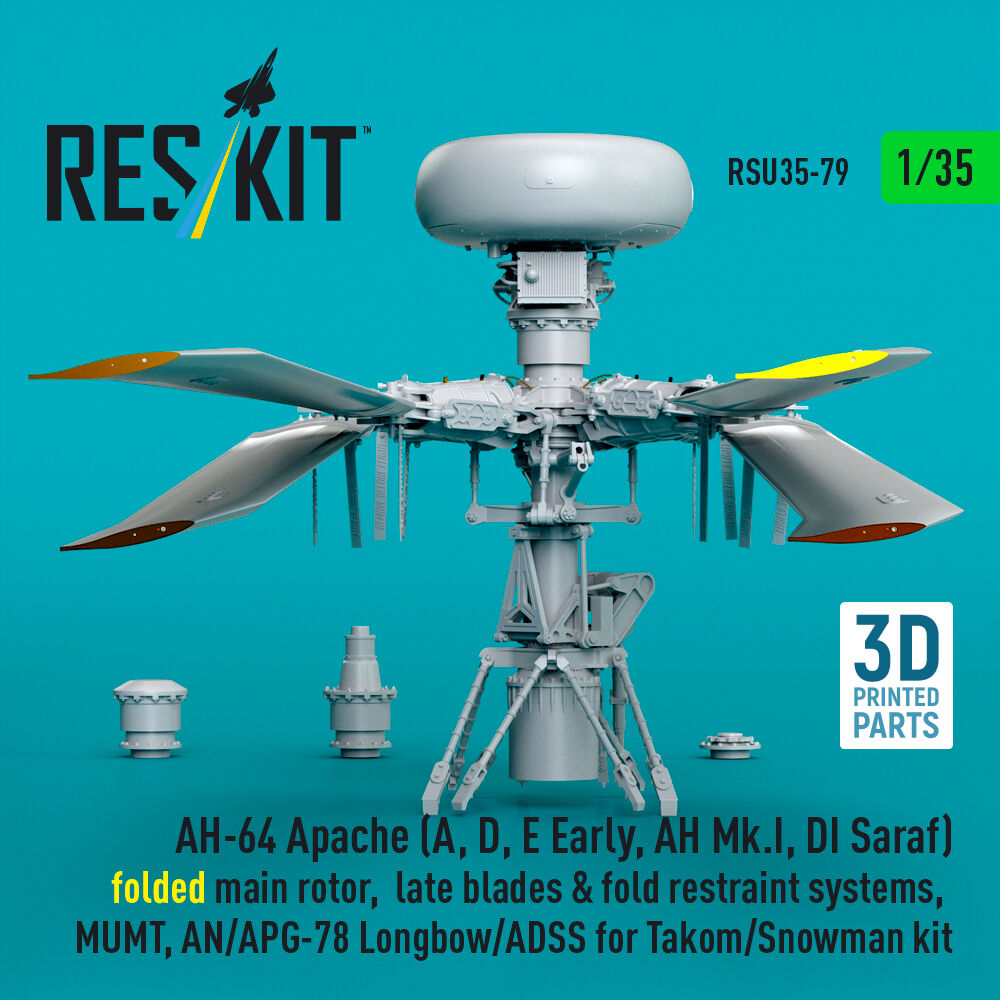 AH-64E late Apache folded main rotor, late blades & fold restraint systems, MUMT, AN/APG-78 Longbow for Takom/Snowman kit (3D Printed)