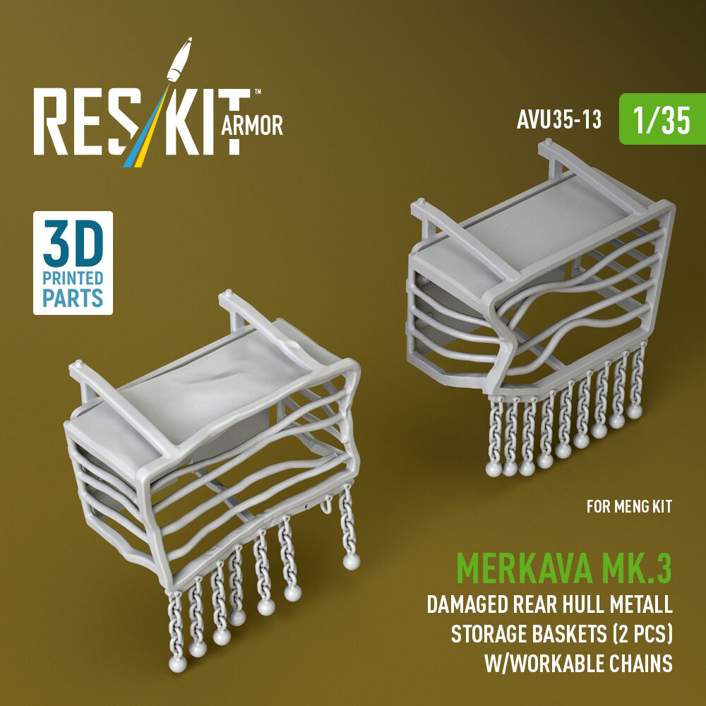 Merkava Mk.3 damaged rear hull metall storage baskets (2 pcs) w/workable chains for Meng kit (3D Printed)