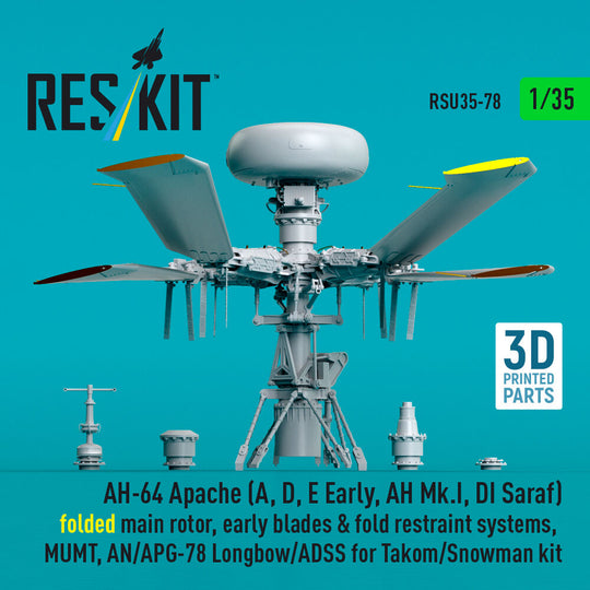 AH-64 Apache (A, D, E Early, AH Mk.I, DI Saraf) folded main rotor, early blades & fold restraint systems, MUMT, AN/APG-78 Longbow/ADSS for Takom/Snowman kit (3D Printed)