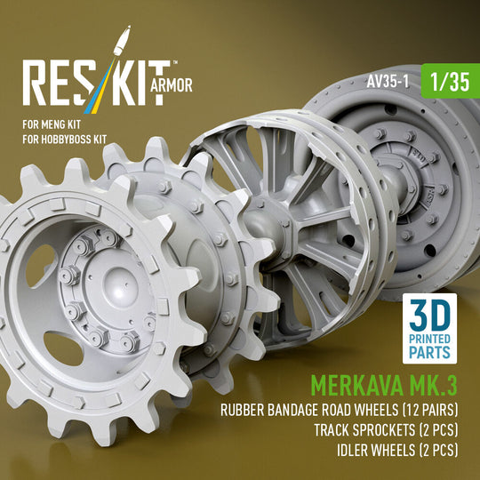 Merkava Mk.3 rubber bandage road wheels (12 pairs), track sprockets (2 pcs), idler wheels (2 pcs) for Meng/HobbyBoss kit (3D Printed)