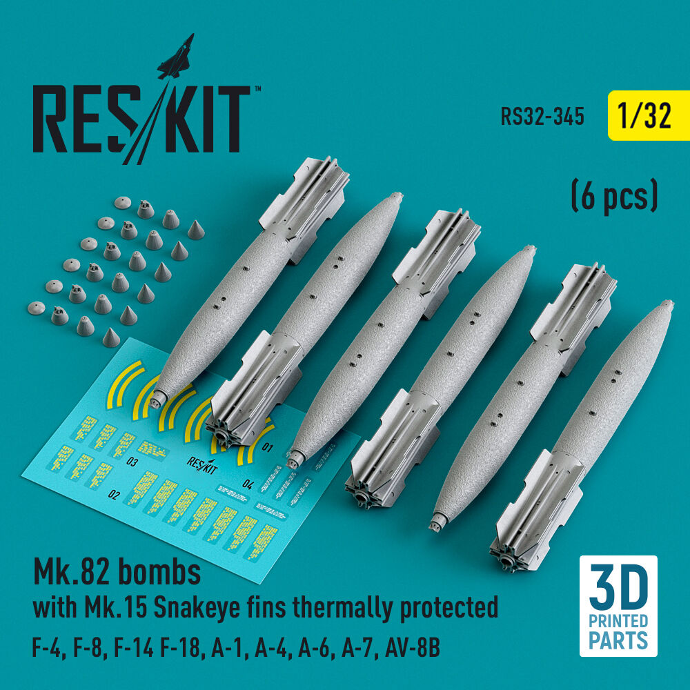 Mk.82 bombs with Mk.15 Snakeye fins thermally protected (6 pcs) (F-4, F-8, F-14 F-18, A-1, A-4, A-6, A-7, AV-8B) (3D Printed)