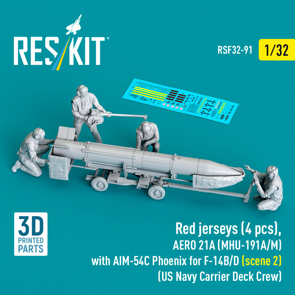 Red jerseys (4 pcs), AERO 21A (MHU-191A/M) with AIM-54C Phoenix for F-14B/D (scene 2) (US Navy Carrier Deck Crew) (3D Printed)