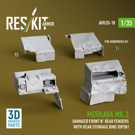 Merkava Mk.3 Damaged Front n' Rear fenders with Rear stowage bins (open) (3D Printed) for Hobby Boss