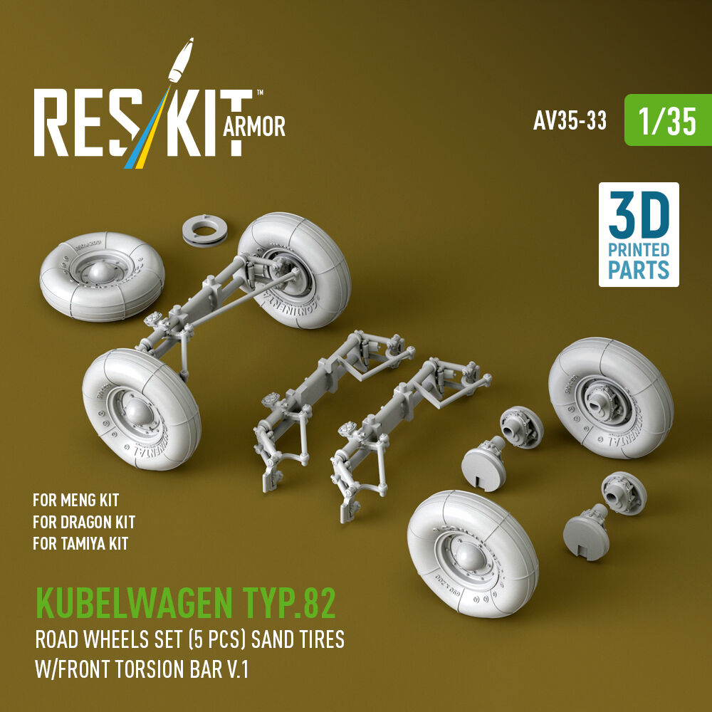 Kubelwagen typ.82 road wheels set (5 pcs) sand tires w/front torsion bar V.1 (3D Printed) for Meng / Dragon / Tamiya