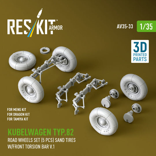 Kubelwagen typ.82 road wheels set (5 pcs) sand tires w/front torsion bar V.1 (3D Printed) for Meng / Dragon / Tamiya