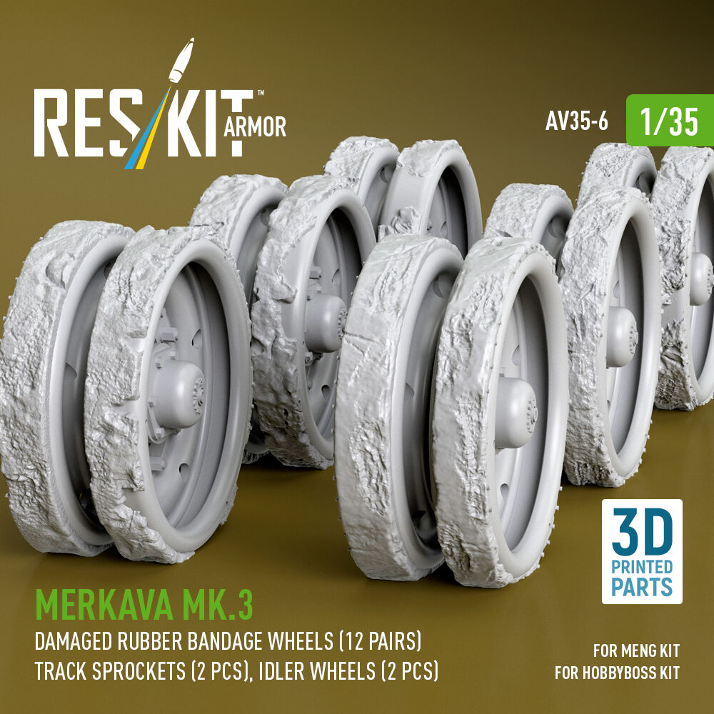 Merkava Mk.3 damaged rubber bandage wheels (12 pairs), track sprockets (2 pcs), idler wheels (2 pcs) for Meng/HobbyBoss kit (3D Printed)