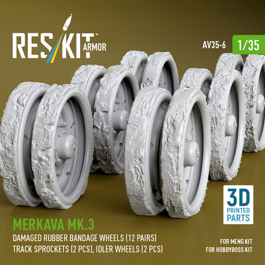 Merkava Mk.3 damaged rubber bandage wheels (12 pairs), track sprockets (2 pcs), idler wheels (2 pcs) for Meng/HobbyBoss kit (3D Printed)