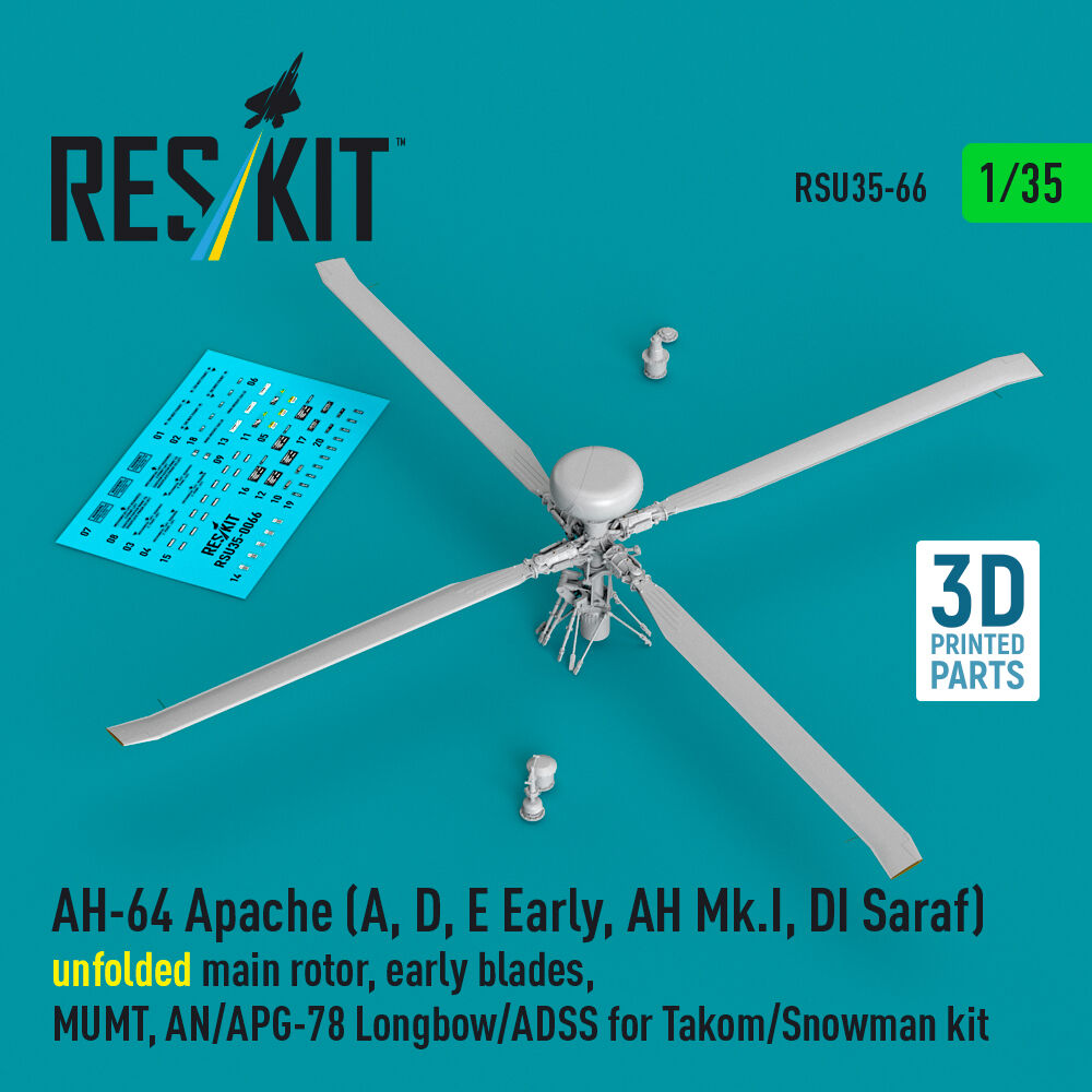 AH-64 Apache (A, D, E Early, AH Mk.I, DI Saraf) unfolded main rotor, early blades, MUMT, AN/APG-78 Longbow/ADSS for Takom/Snowman kit (3D Printed)