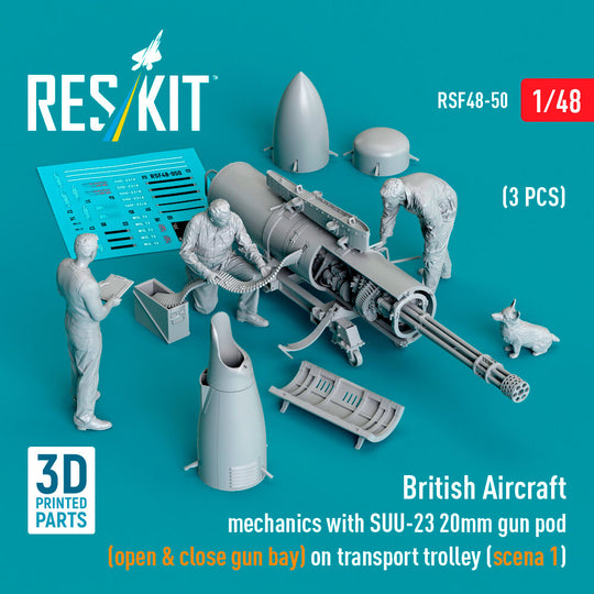 British Aircraft mechanics with SUU-23 20mm gun pod (open & close gun bay) on on transport trolley (scene 1) (3 pcs) (3D Printed)