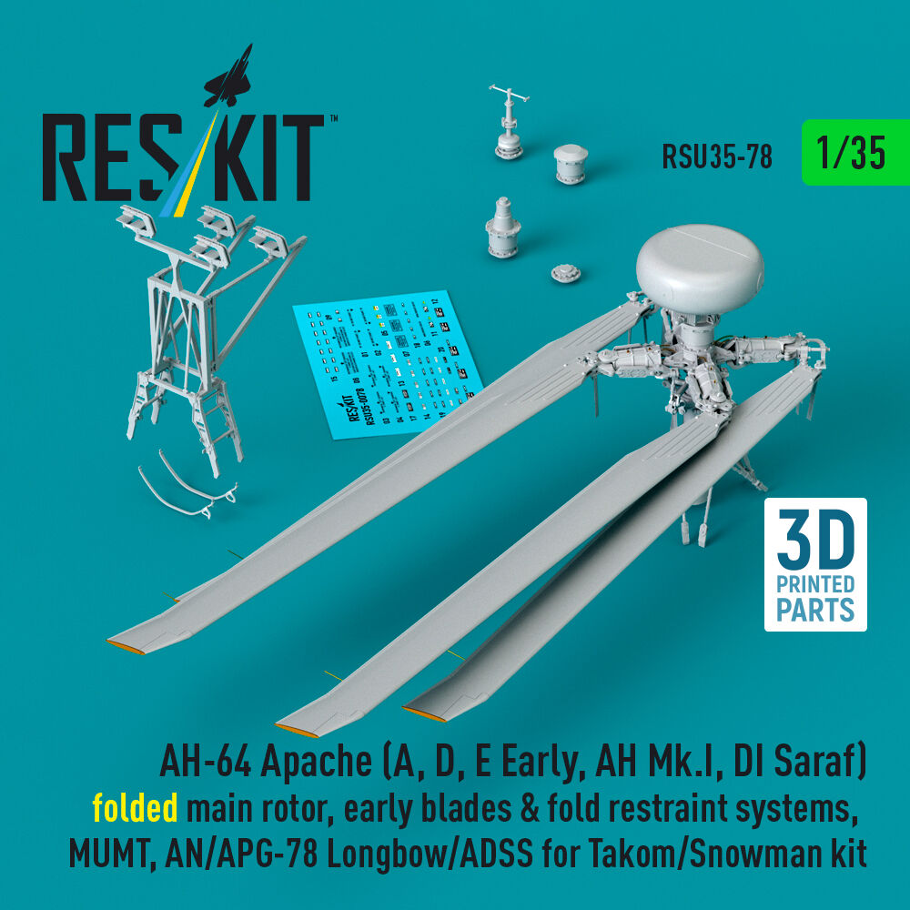AH-64 Apache (A, D, E Early, AH Mk.I, DI Saraf) folded main rotor, early blades & fold restraint systems, MUMT, AN/APG-78 Longbow/ADSS for Takom/Snowman kit (3D Printed)