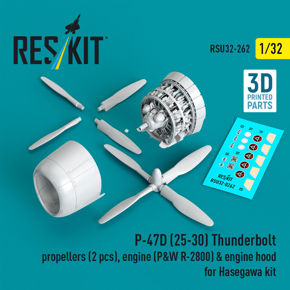 P-47D (25-30) Thunderbolt propellers (2 pcs), engine (P&W R-2800) & engine hood (3D Printed) for Hasegawa