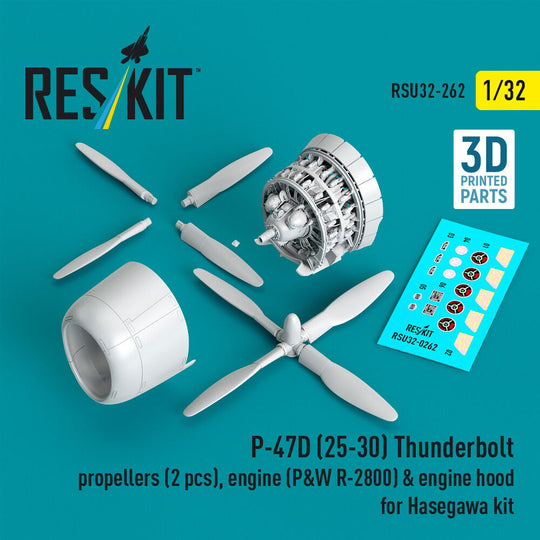 P-47D (25-30) Thunderbolt propellers (2 pcs), engine (P&W R-2800) & engine hood (3D Printed) for Hasegawa