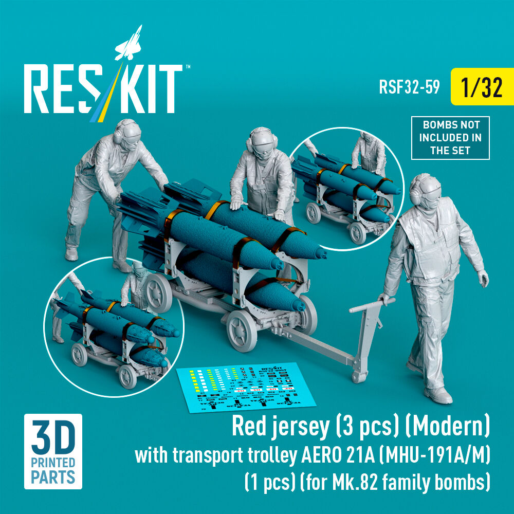 Red jersey (3 pcs) (Modern) with transport trolley AERO 21A (MHU-191A/M) (1 pcs) (for Mk.82 family bombs) (3D Printed)