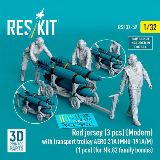 Red jersey (3 pcs) (Modern) with transport trolley AERO 21A (MHU-191A/M) (1 pcs) (for Mk.82 family bombs) (3D Printed)