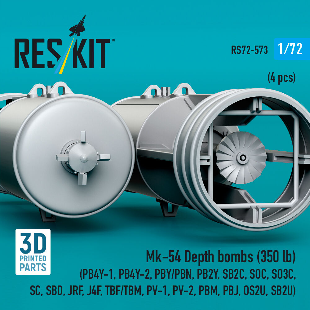 Mk-54 Depth bombs (350 lb) (4 pcs) (PB4Y-1, PB4Y-2, PBY/PBN, PB2Y, SB2C, SOC, SO3C, SC, SBD, JRF, J4F, TBF/TBM, PV-1, PV-2, PBM, PBJ, OS2U, SB2U) (3D Printed)