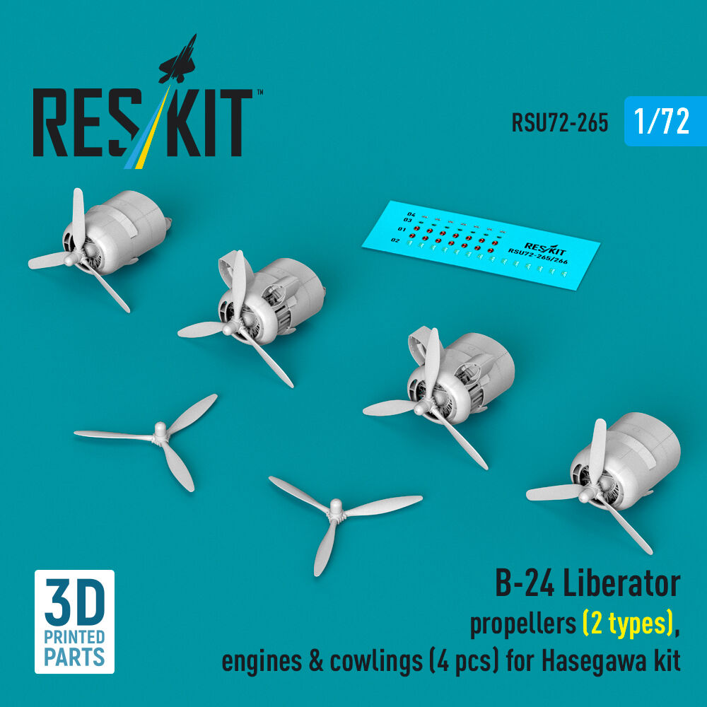 B-24 Liberator propellers (2 types), engines & cowlings (4 pcs) (3D Printed) for Hasegawa