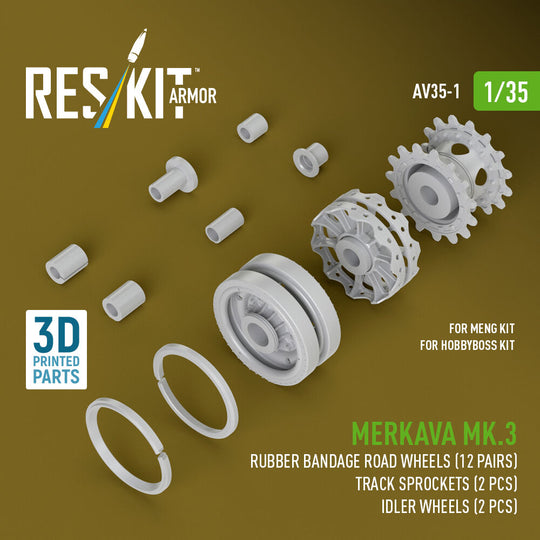 Merkava Mk.3 rubber bandage road wheels (12 pairs), track sprockets (2 pcs), idler wheels (2 pcs) for Meng/HobbyBoss kit (3D Printed)