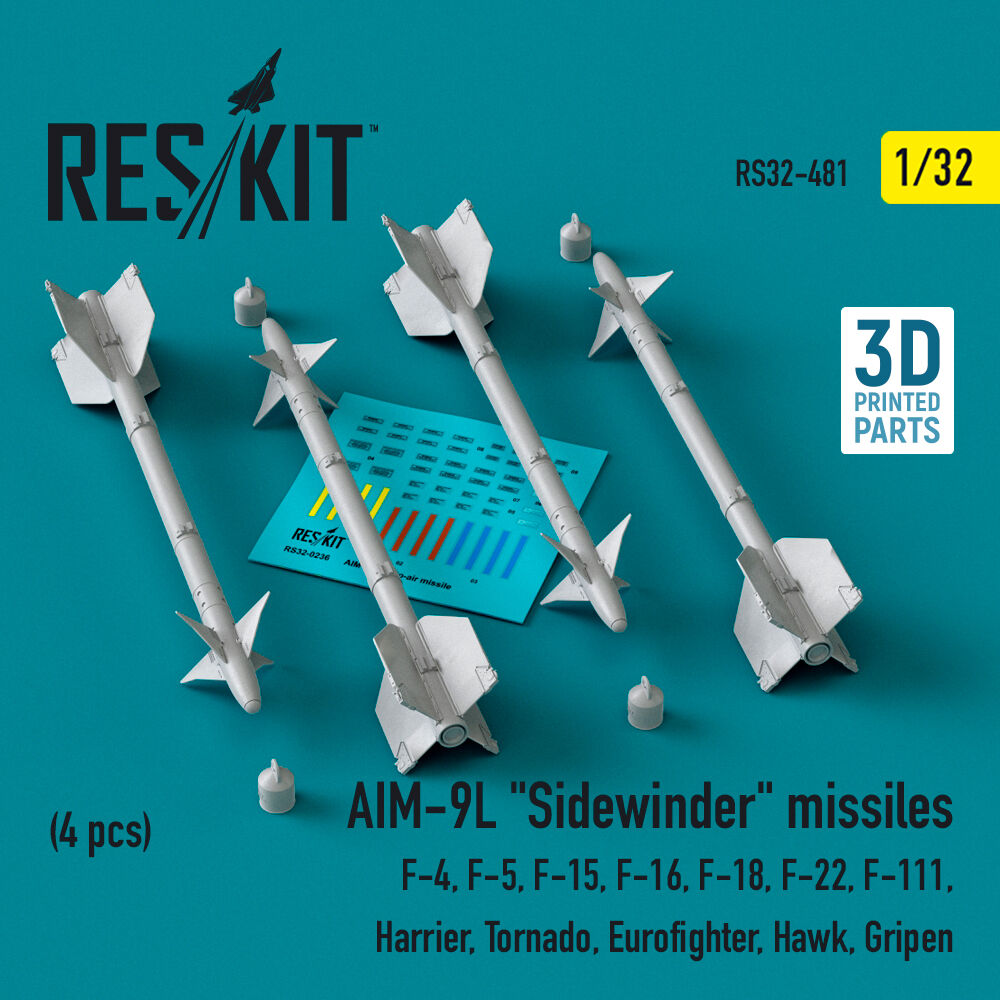AIM-9L Sidewinder missiles (4 pcs) (F-4, F-5, F-15, F-16, F-18, F-22, F-111, Harrier, Tornado, Eurofighter, Hawk, Gripen) (3D Printed)