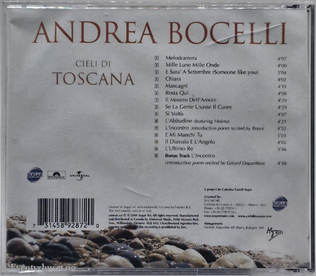 Andrea Bocelli. 2001. Cieli di Toscana. CD.