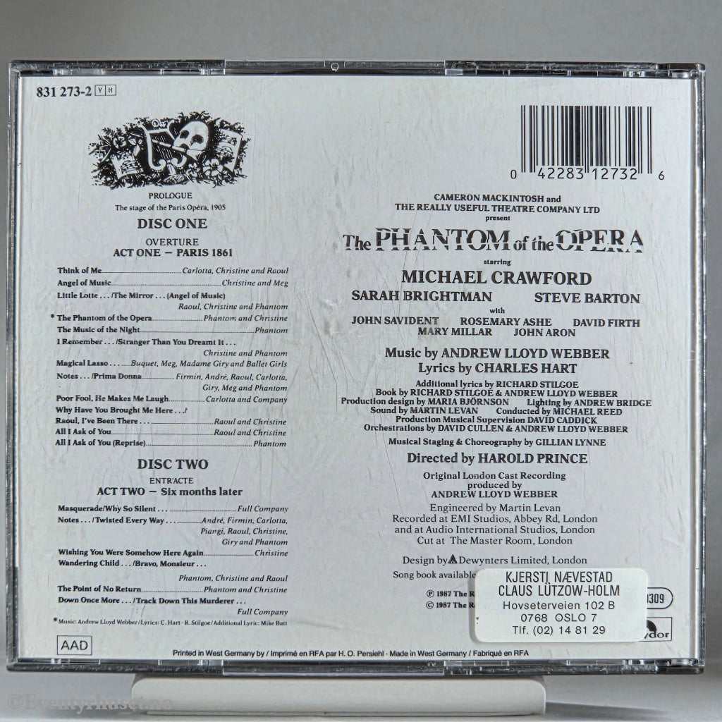 Andrew Lloyd Webber 1986 The Phantom of the Opera. Musikk-CD.