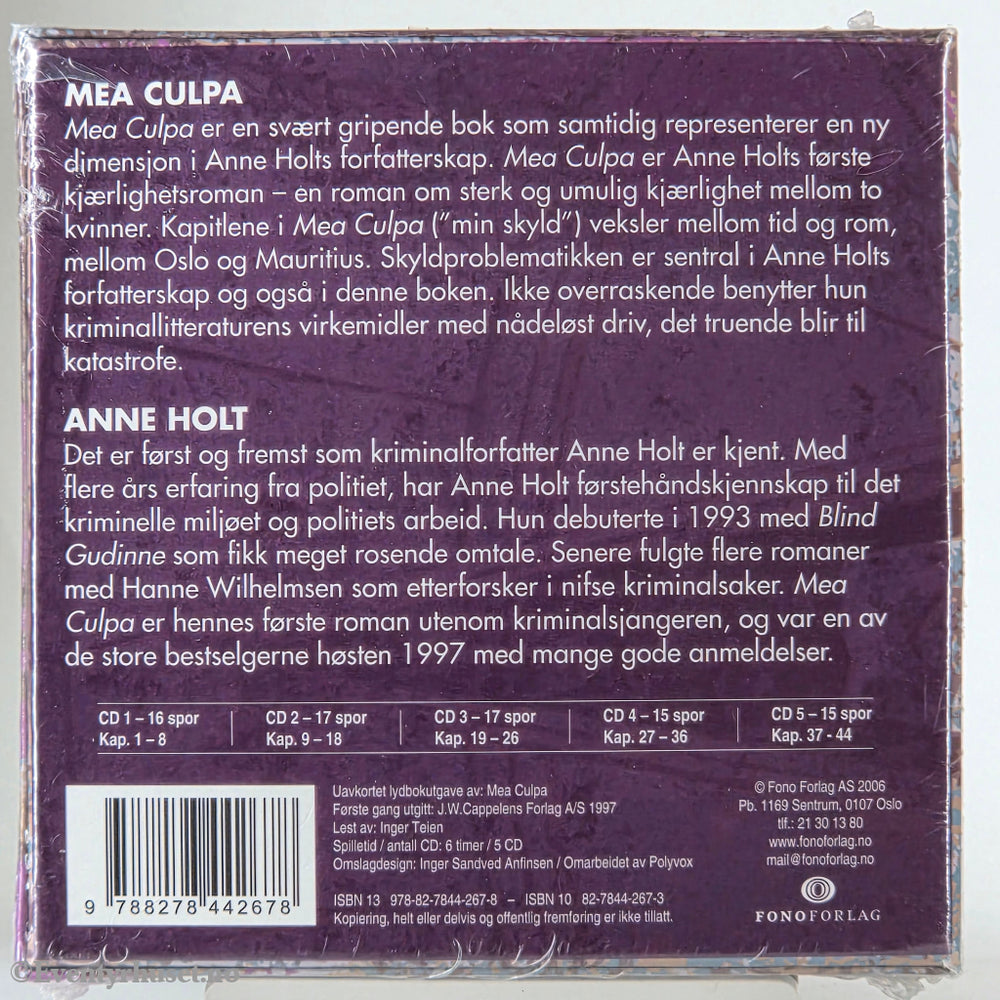 Anne Holt (2012). Mea Culpa – En historie om kjærlighet. Lydbok på CD. Ny i plast!